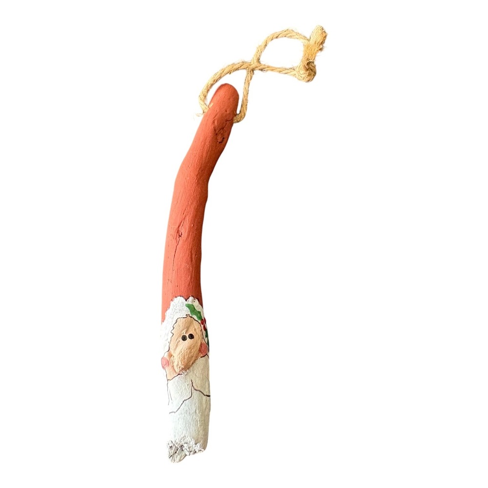 Hand Painted Santa Natural Wood Christmas Tree Ornament Rustic Folk Art 7"
